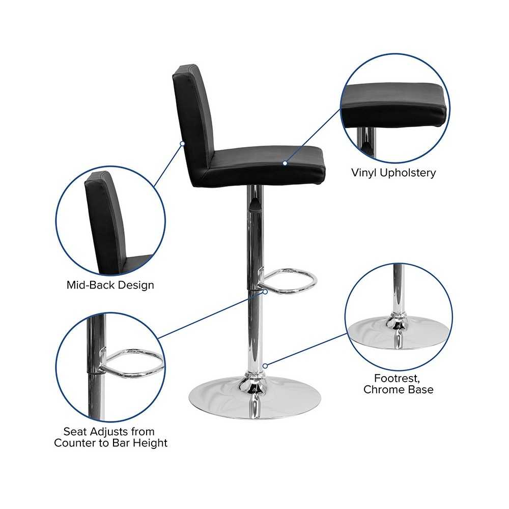 Contemporary Black Vinyl Adjustable Height Barstool with Panel Back and Chrome Base