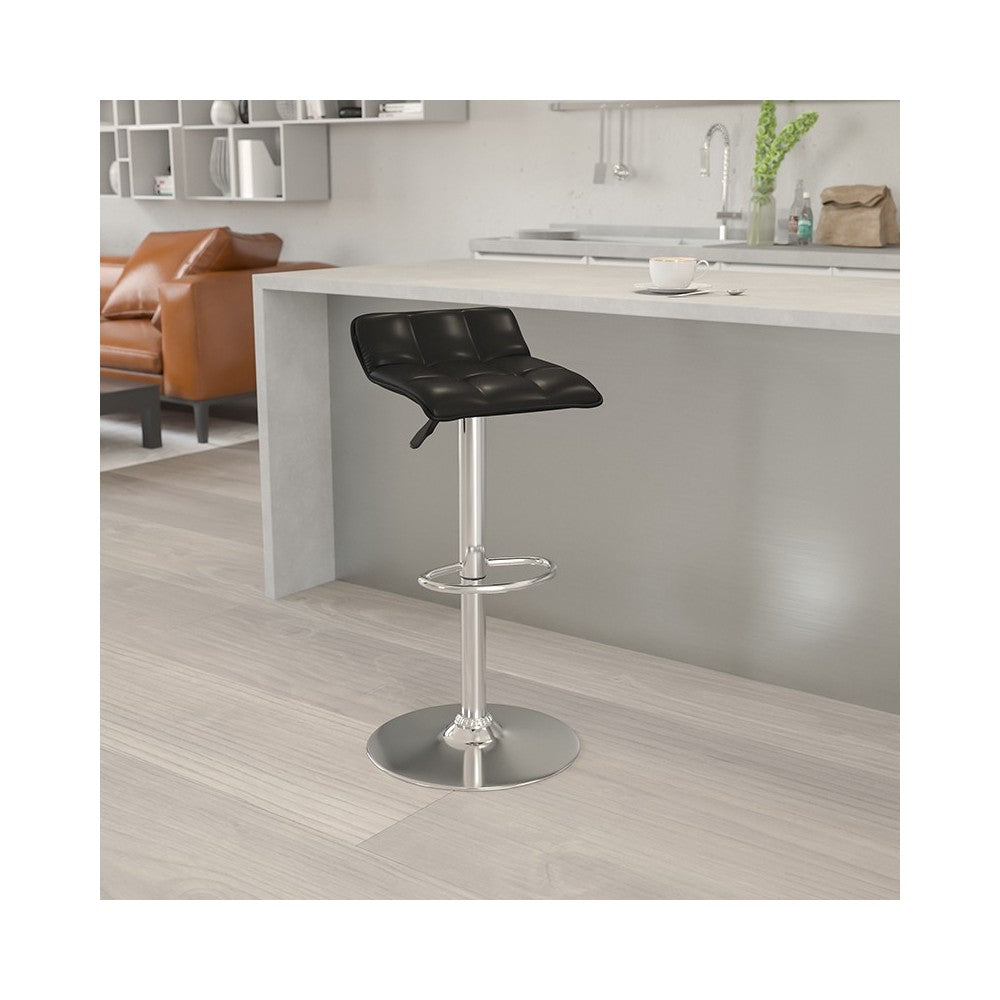 Contemporary Black Vinyl Adjustable Height Barstool with Quilted Wave Seat and Chrome Base