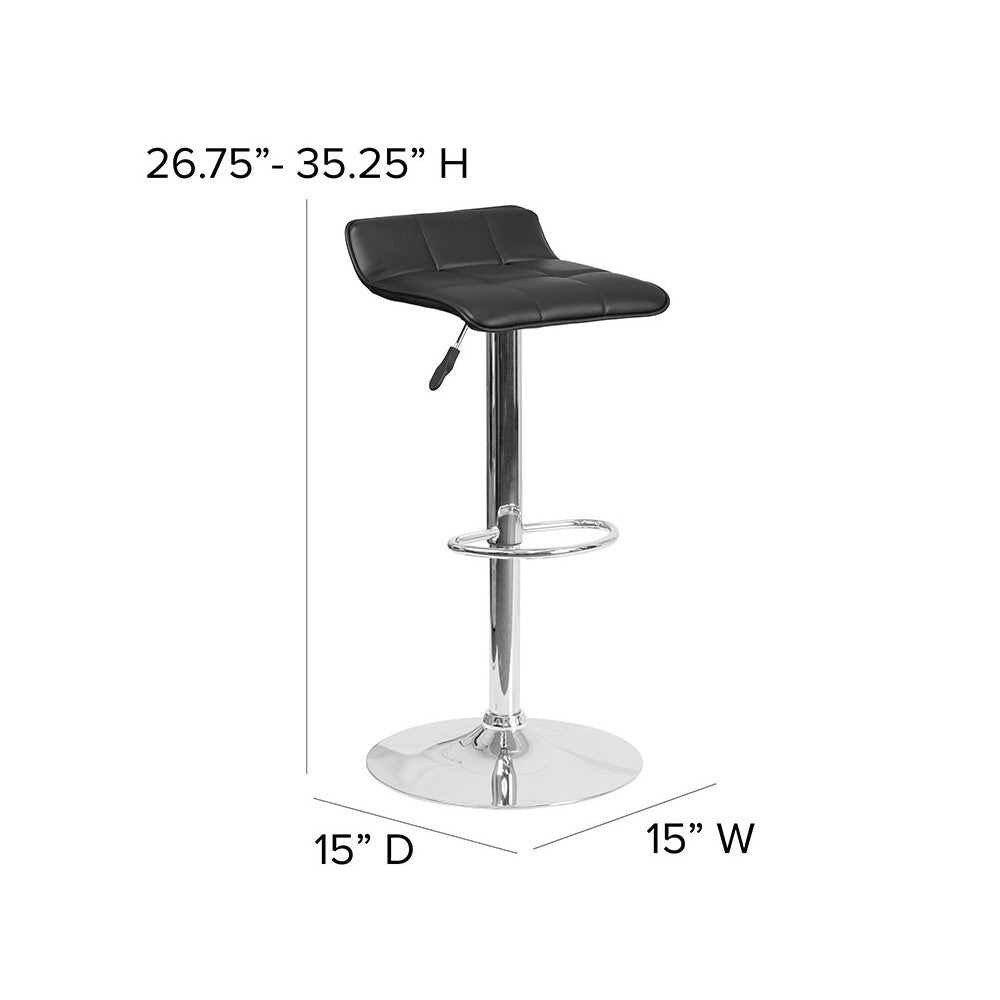 Contemporary Black Vinyl Adjustable Height Barstool with Quilted Wave Seat and Chrome Base