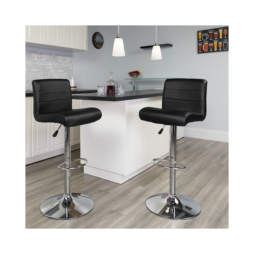 Contemporary Black Vinyl Adjustable Height Barstool with Rolled Seat and Chrome Base