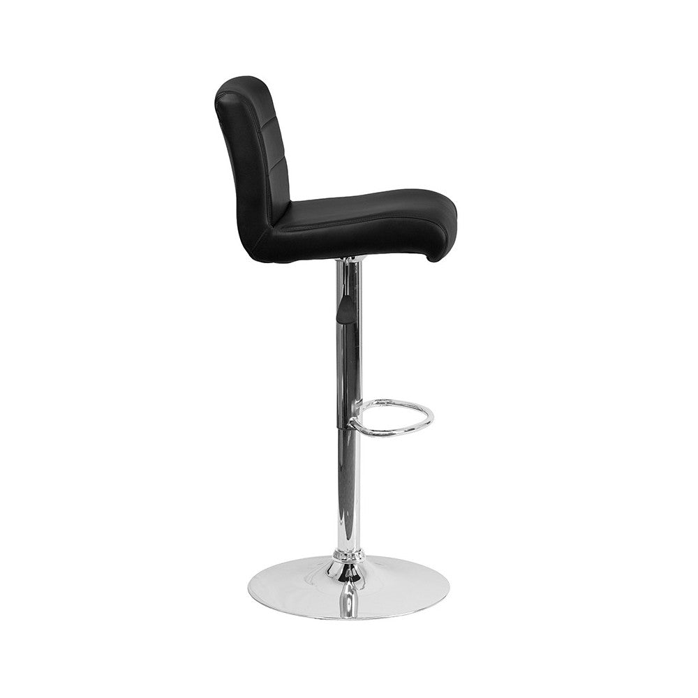 Contemporary Black Vinyl Adjustable Height Barstool with Rolled Seat and Chrome Base