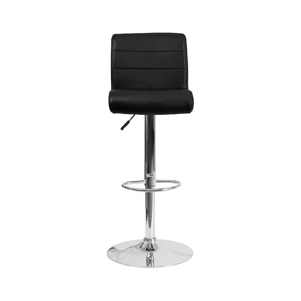 Contemporary Black Vinyl Adjustable Height Barstool with Rolled Seat and Chrome Base