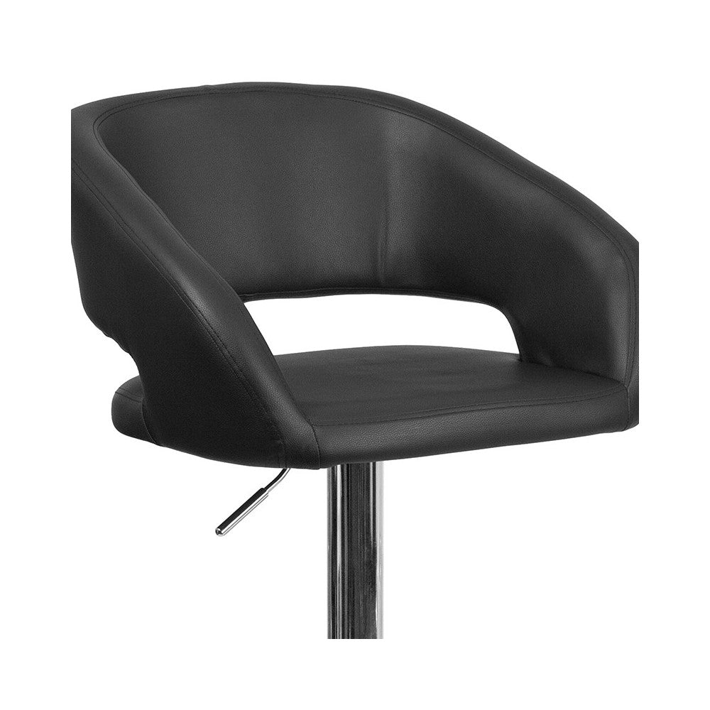 Contemporary Black Vinyl Adjustable Height Barstool with Rounded Mid-Back and Chrome Base