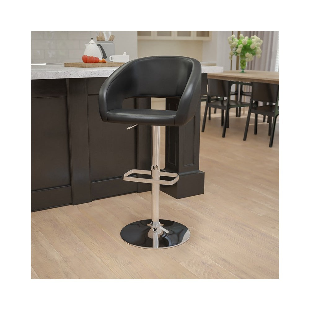 Contemporary Black Vinyl Adjustable Height Barstool with Rounded Mid-Back and Chrome Base