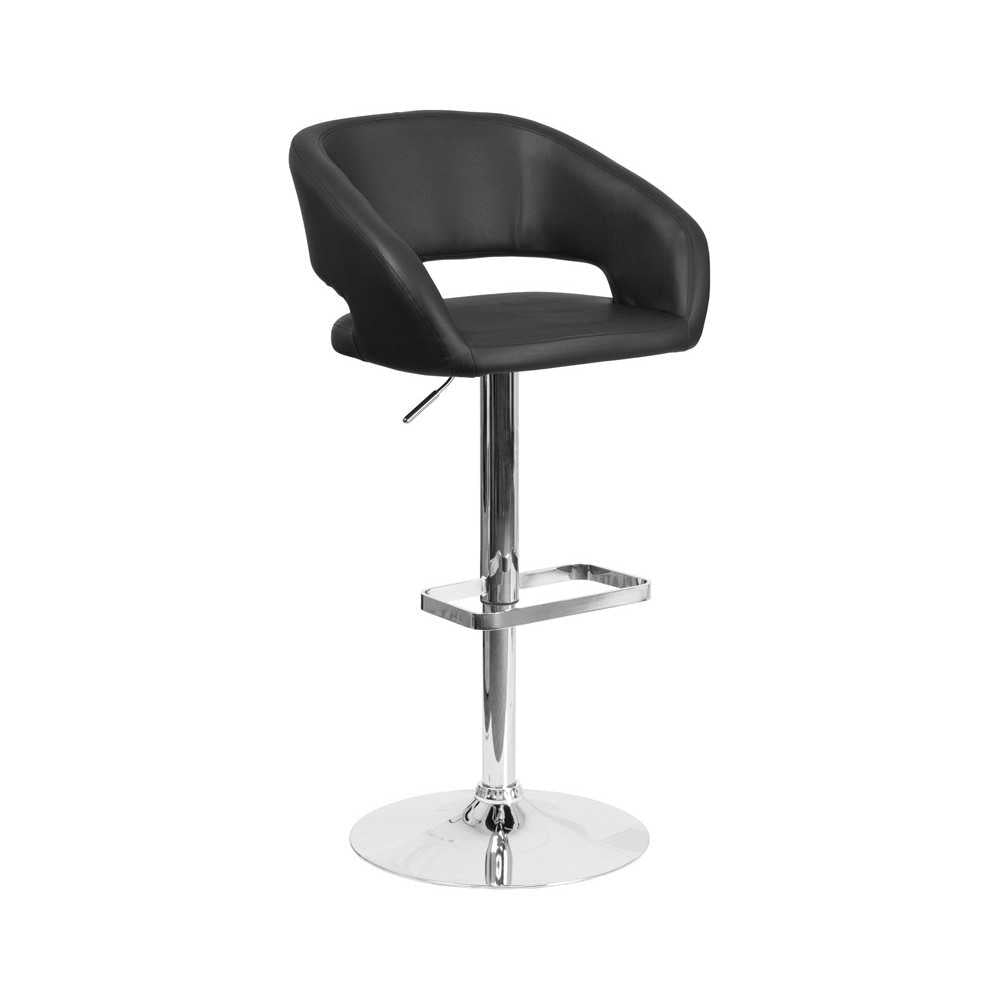 Contemporary Black Vinyl Adjustable Height Barstool with Rounded Mid-Back and Chrome Base