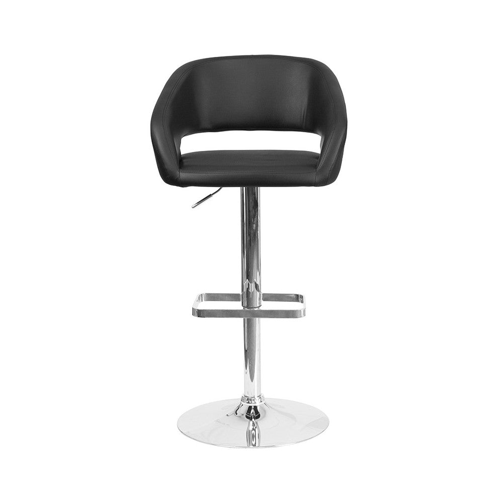 Contemporary Black Vinyl Adjustable Height Barstool with Rounded Mid-Back and Chrome Base