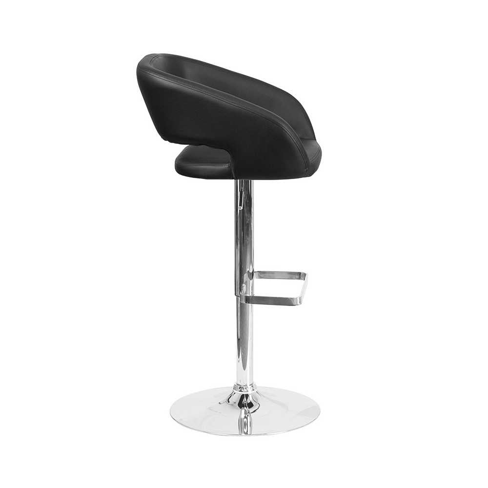 Contemporary Black Vinyl Adjustable Height Barstool with Rounded Mid-Back and Chrome Base