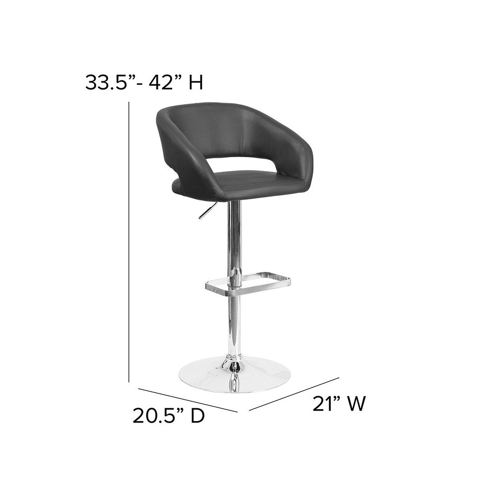 Contemporary Black Vinyl Adjustable Height Barstool with Rounded Mid-Back and Chrome Base