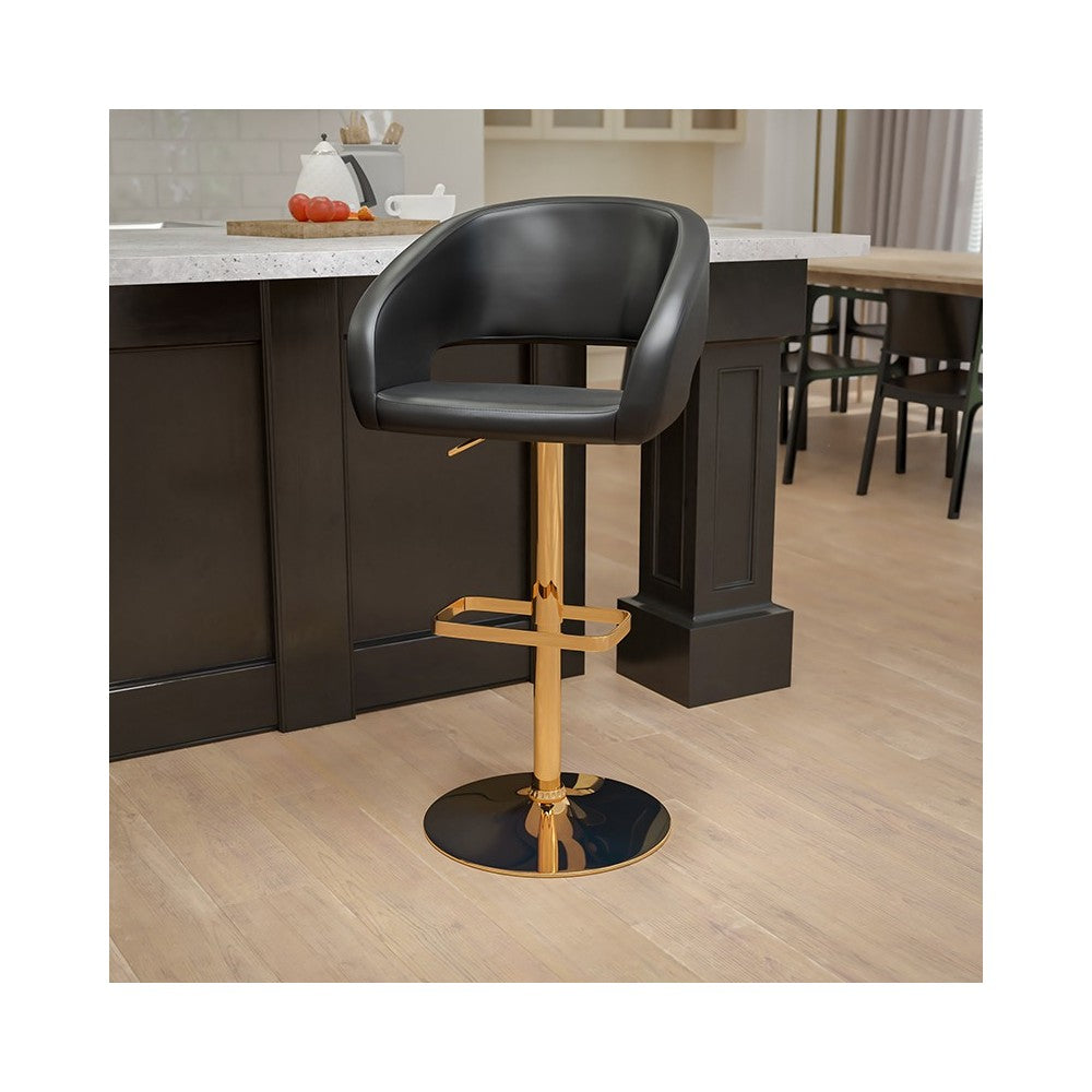 Contemporary Black Vinyl Adjustable Height Barstool with Rounded Mid-Back and Gold Base