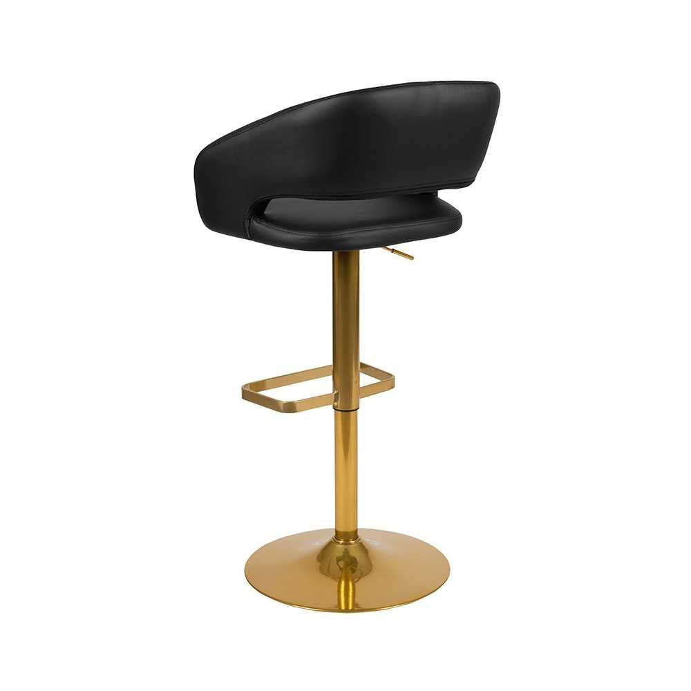 Contemporary Black Vinyl Adjustable Height Barstool with Rounded Mid-Back and Gold Base