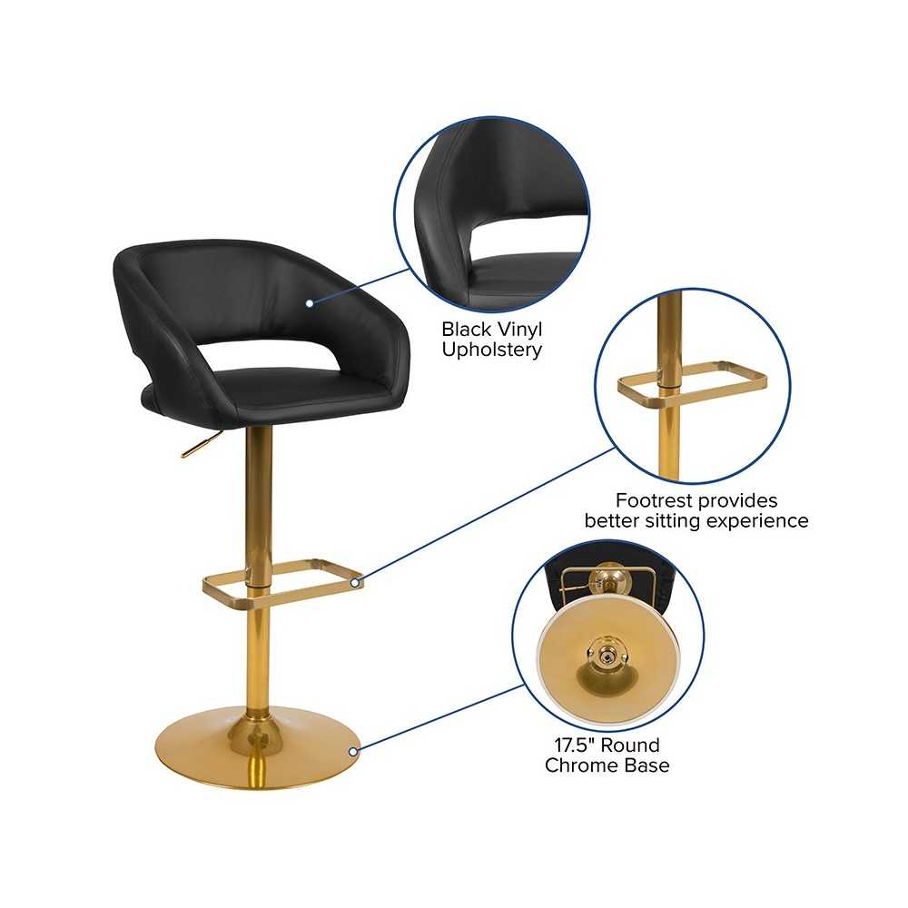 Contemporary Black Vinyl Adjustable Height Barstool with Rounded Mid-Back and Gold Base