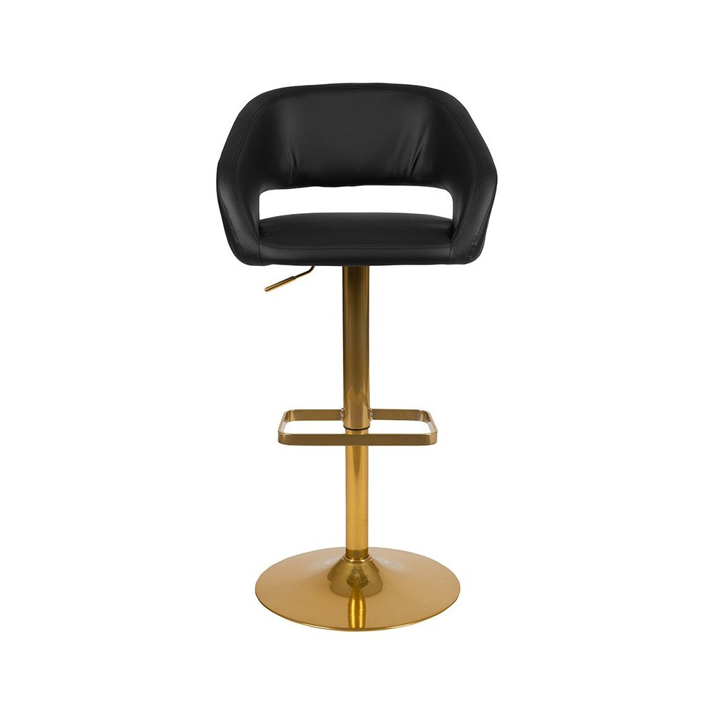 Contemporary Black Vinyl Adjustable Height Barstool with Rounded Mid-Back and Gold Base