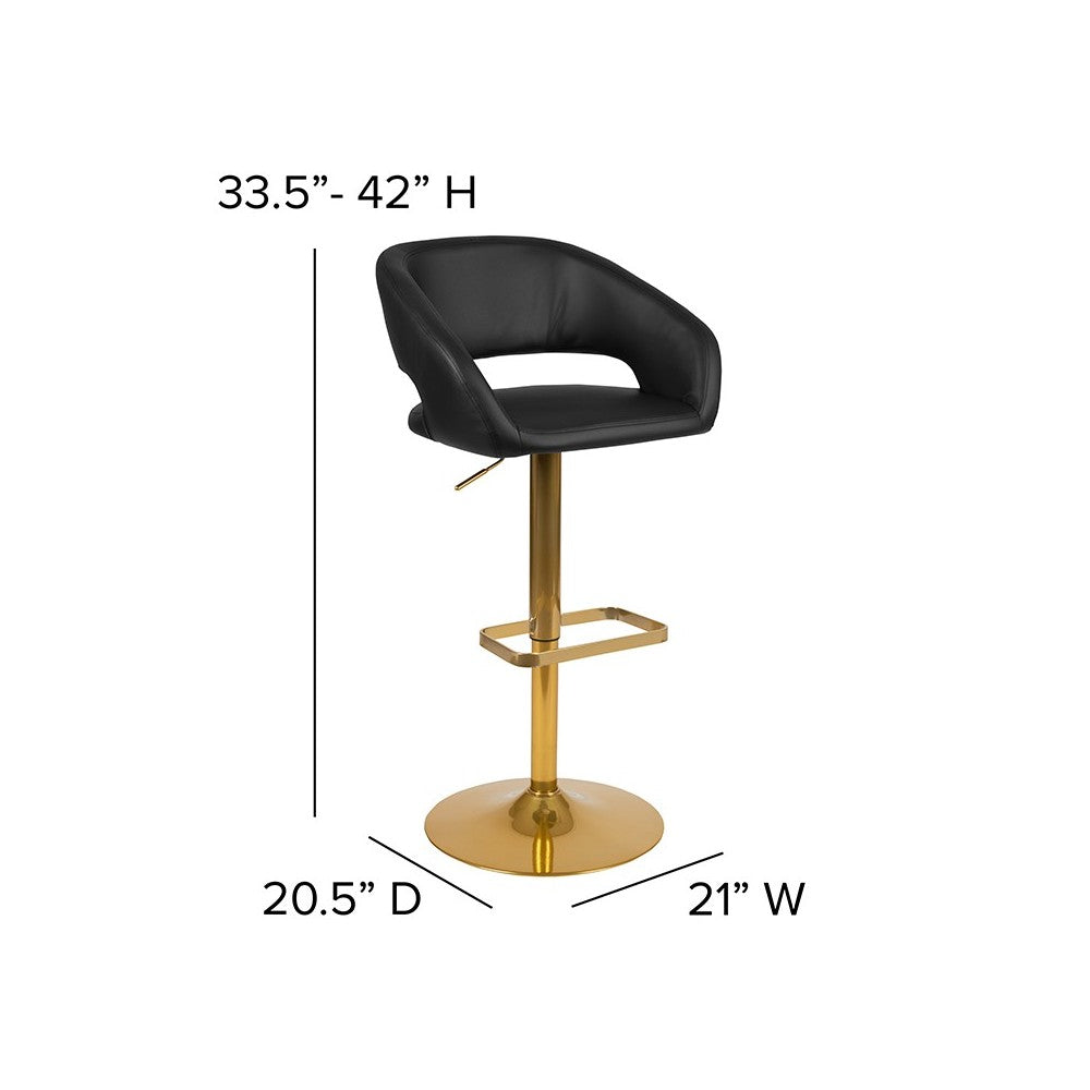 Contemporary Black Vinyl Adjustable Height Barstool with Rounded Mid-Back and Gold Base