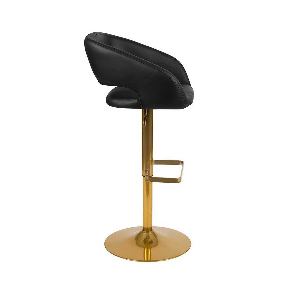 Contemporary Black Vinyl Adjustable Height Barstool with Rounded Mid-Back and Gold Base