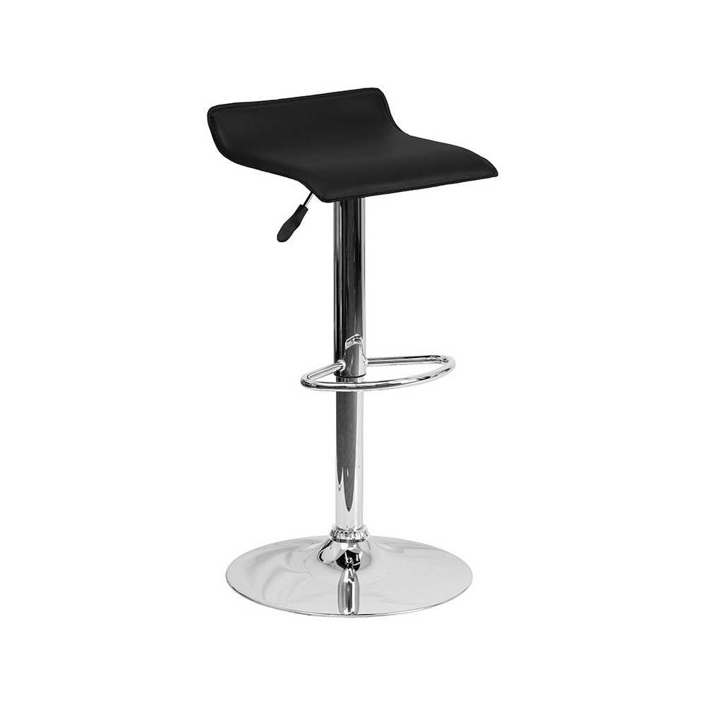 Contemporary Black Vinyl Adjustable Height Barstool with Solid Wave Seat and Chrome Base