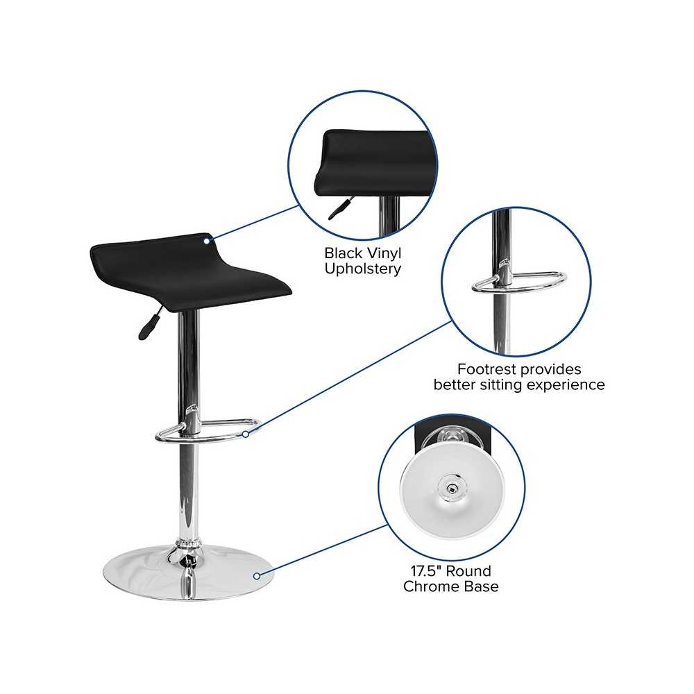 Contemporary Black Vinyl Adjustable Height Barstool with Solid Wave Seat and Chrome Base