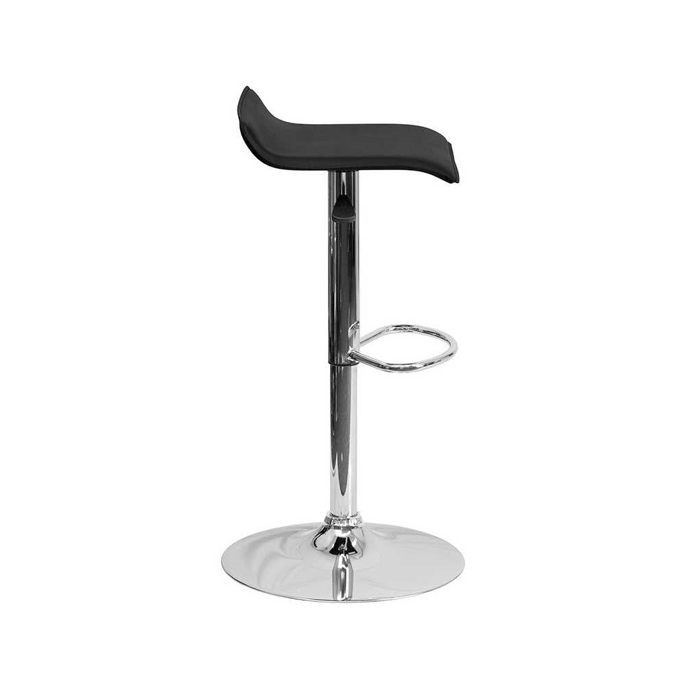 Contemporary Black Vinyl Adjustable Height Barstool with Solid Wave Seat and Chrome Base