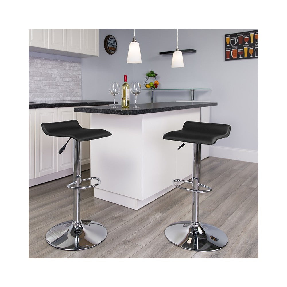 Contemporary Black Vinyl Adjustable Height Barstool with Solid Wave Seat and Chrome Base