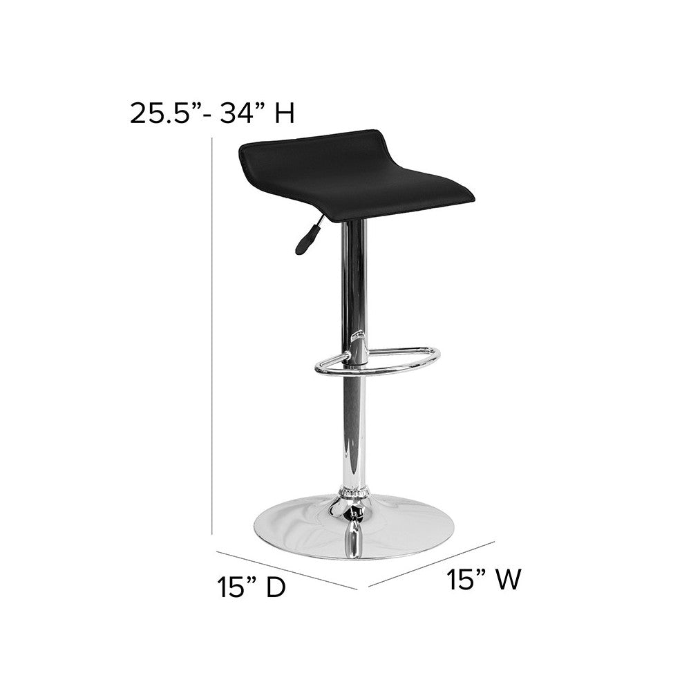 Contemporary Black Vinyl Adjustable Height Barstool with Solid Wave Seat and Chrome Base