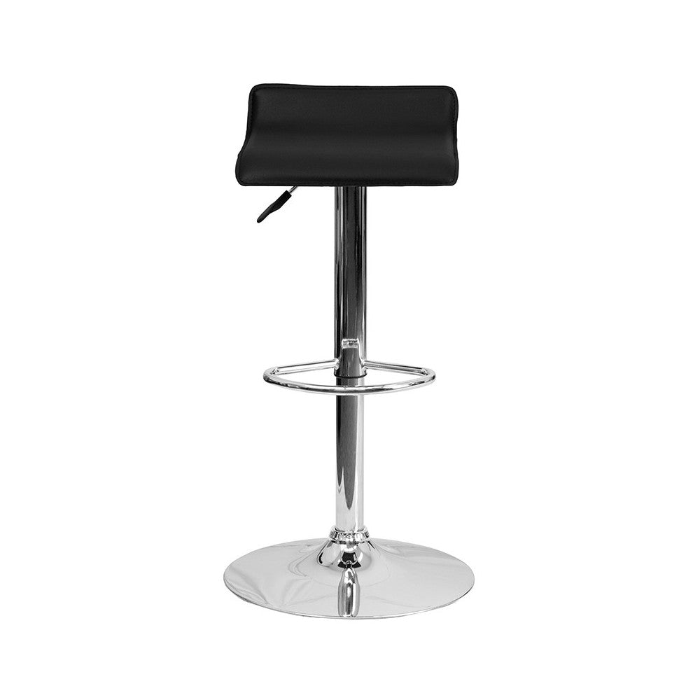 Contemporary Black Vinyl Adjustable Height Barstool with Solid Wave Seat and Chrome Base