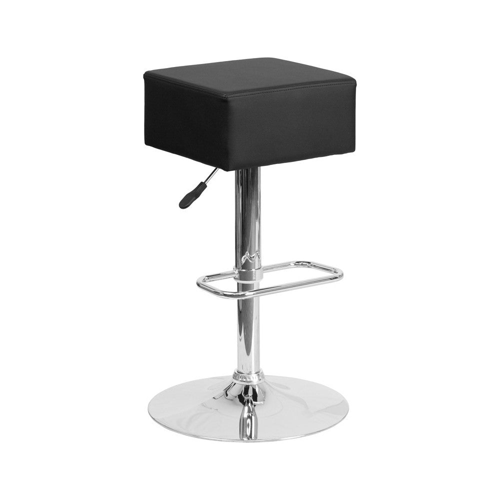 Contemporary Black Vinyl Adjustable Height Barstool with Square Seat and Chrome Base