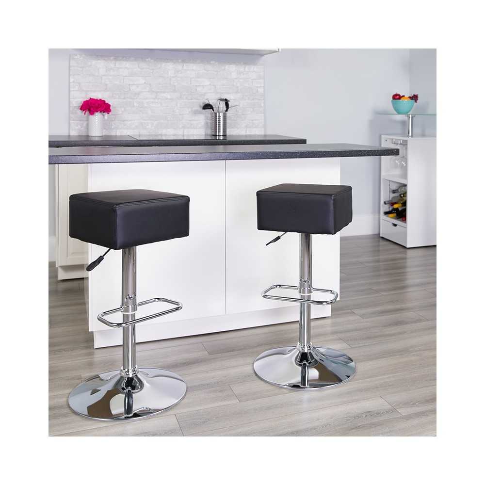 Contemporary Black Vinyl Adjustable Height Barstool with Square Seat and Chrome Base