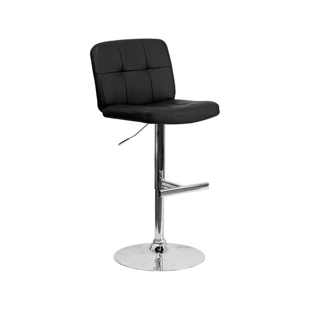 Contemporary Black Vinyl Adjustable Height Barstool with Square Tufted Back and Chrome Base