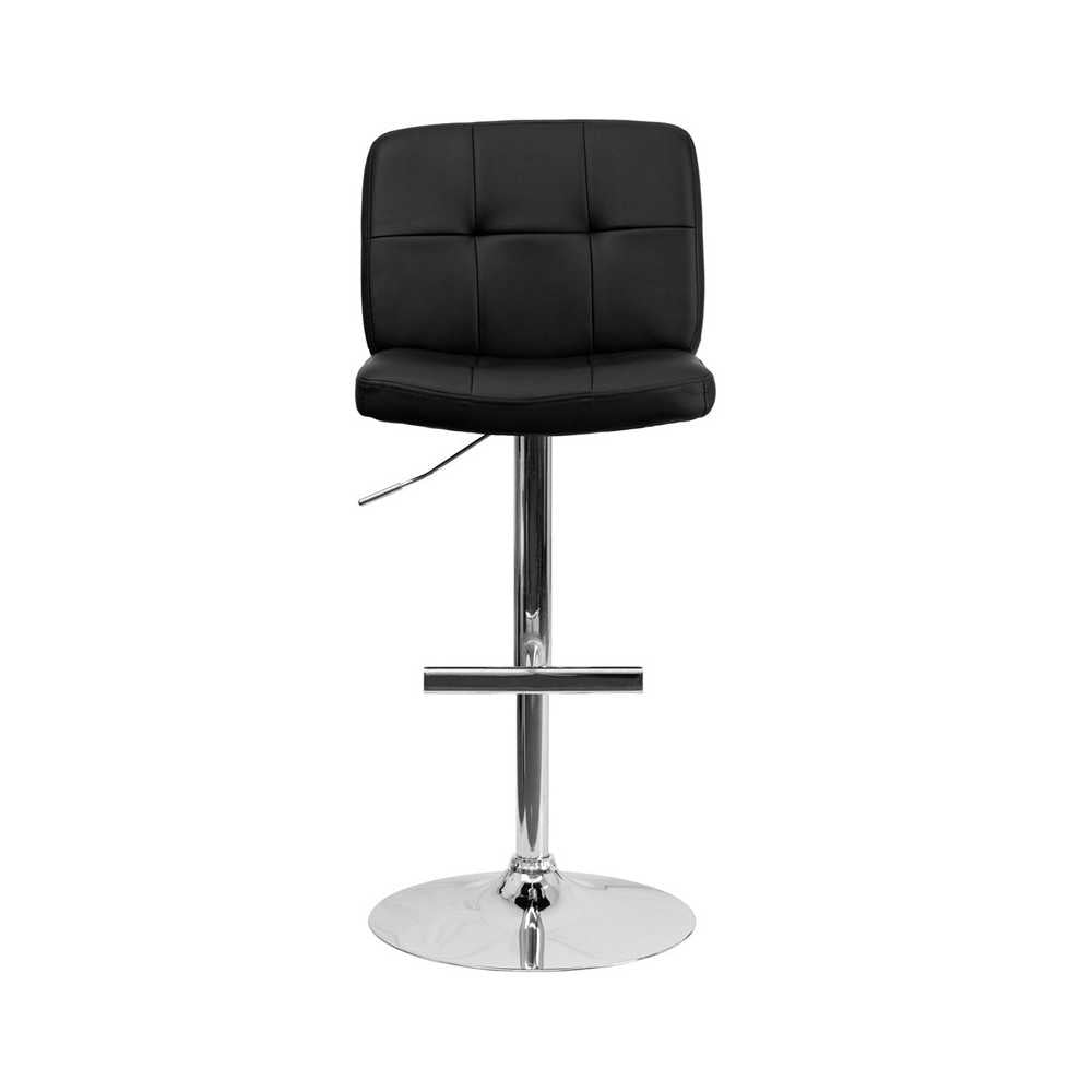 Contemporary Black Vinyl Adjustable Height Barstool with Square Tufted Back and Chrome Base