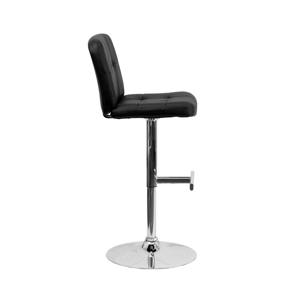 Contemporary Black Vinyl Adjustable Height Barstool with Square Tufted Back and Chrome Base