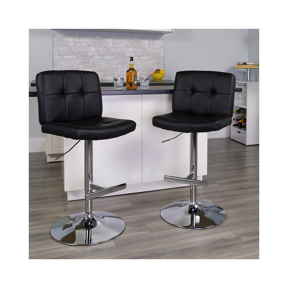 Contemporary Black Vinyl Adjustable Height Barstool with Square Tufted Back and Chrome Base