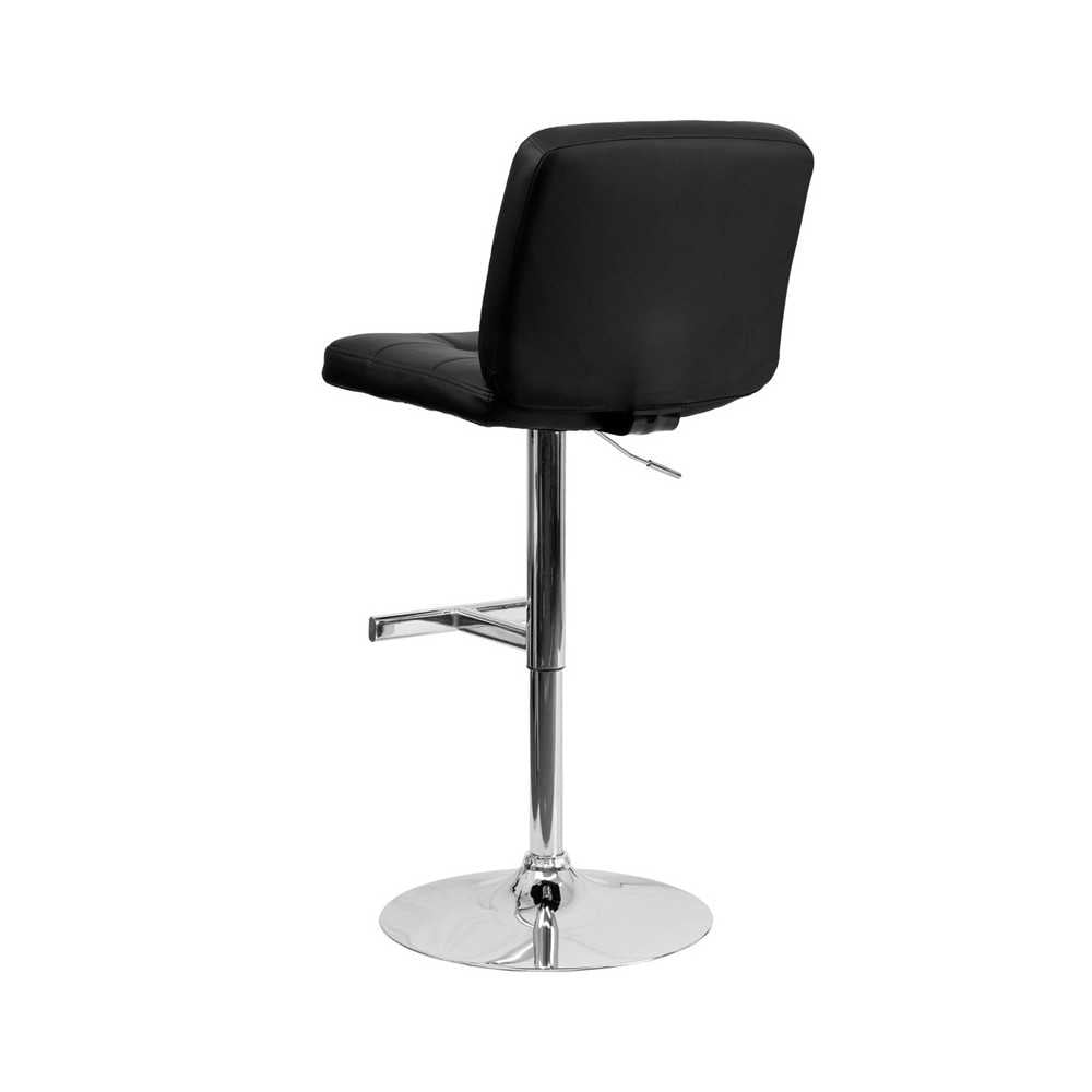 Contemporary Black Vinyl Adjustable Height Barstool with Square Tufted Back and Chrome Base