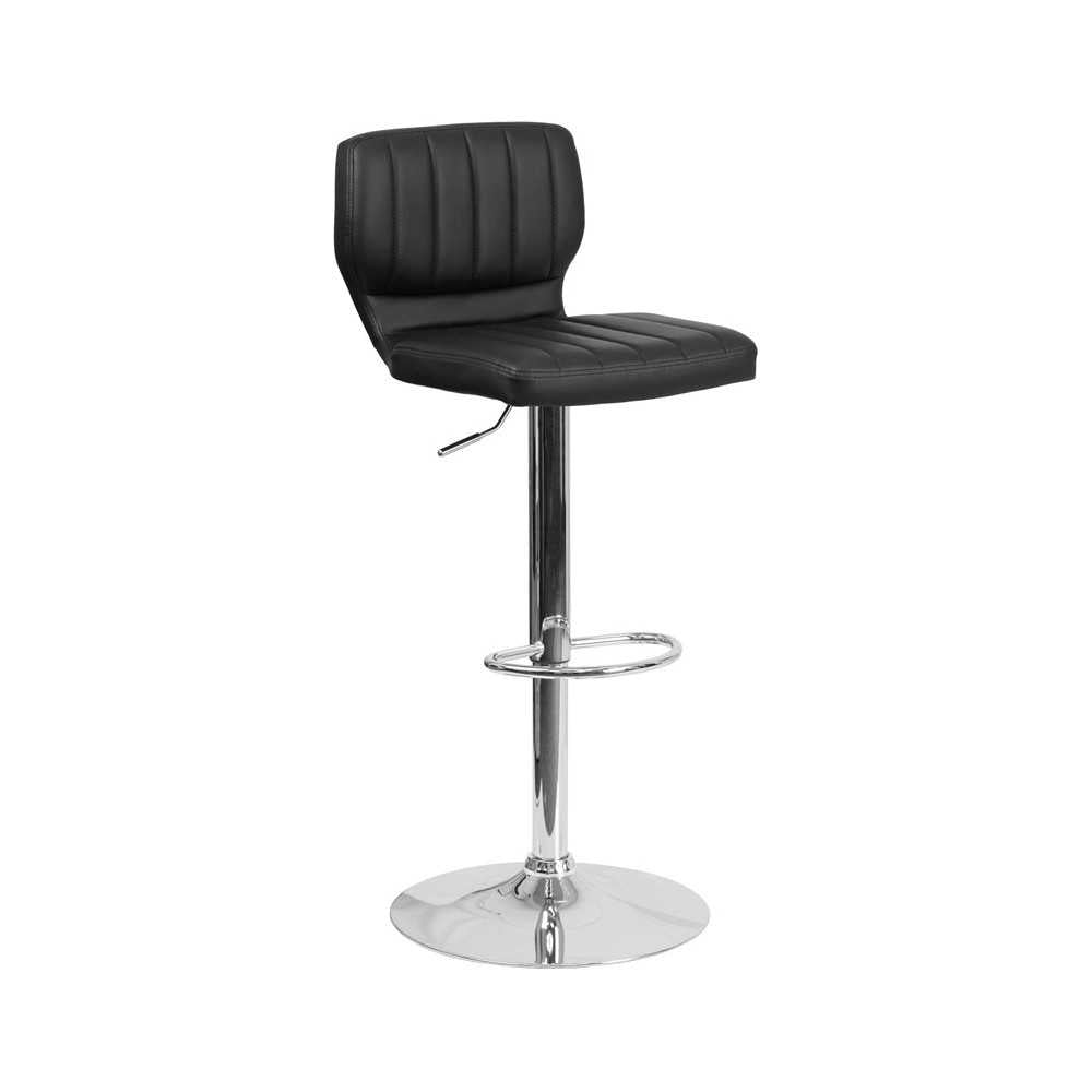 Contemporary Black Vinyl Adjustable Height Barstool with Vertical Stitch Back and Chrome Base