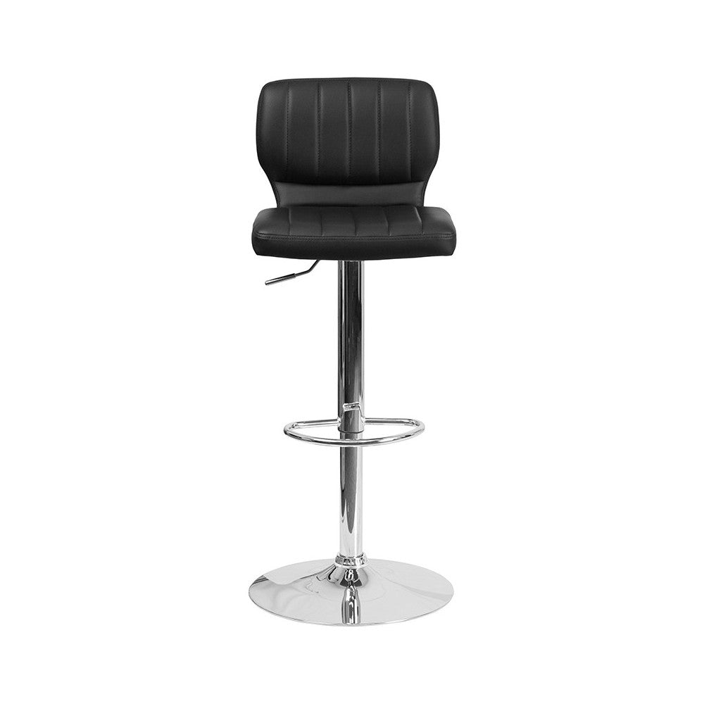 Contemporary Black Vinyl Adjustable Height Barstool with Vertical Stitch Back and Chrome Base