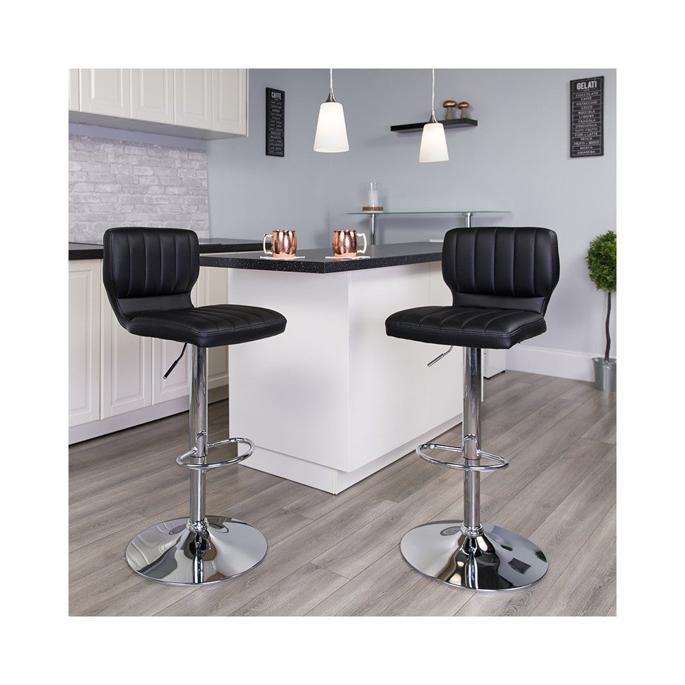 Contemporary Black Vinyl Adjustable Height Barstool with Vertical Stitch Back and Chrome Base