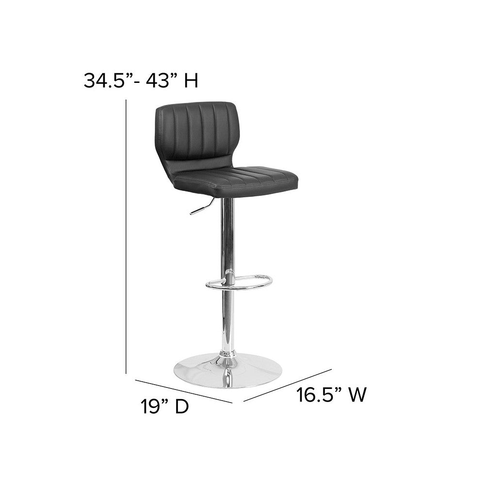 Contemporary Black Vinyl Adjustable Height Barstool with Vertical Stitch Back and Chrome Base