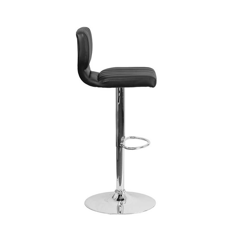 Contemporary Black Vinyl Adjustable Height Barstool with Vertical Stitch Back and Chrome Base