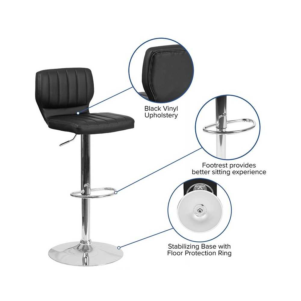 Contemporary Black Vinyl Adjustable Height Barstool with Vertical Stitch Back and Chrome Base