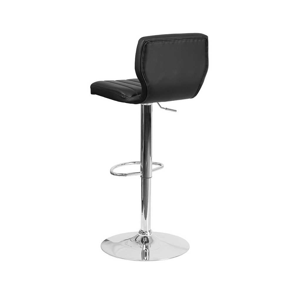 Contemporary Black Vinyl Adjustable Height Barstool with Vertical Stitch Back and Chrome Base