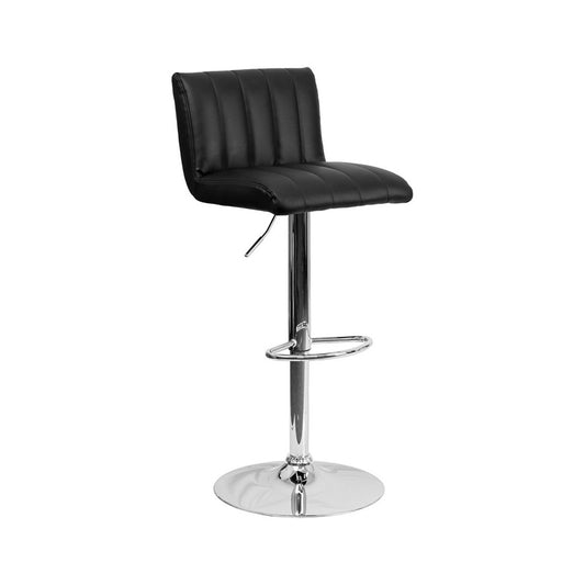 Contemporary Black Vinyl Adjustable Height Barstool with Vertical Stitch Back/Seat and Chrome Base