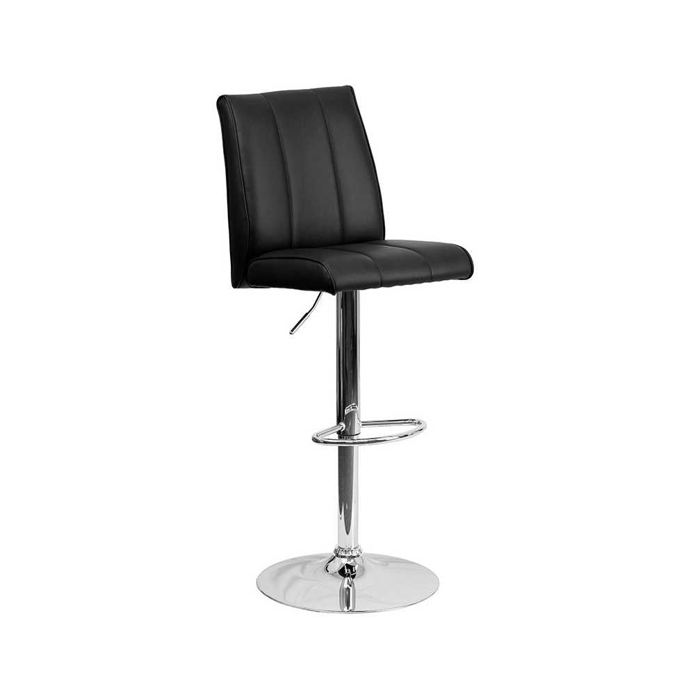 Contemporary Black Vinyl Adjustable Height Barstool with Vertical Stitch Panel Back and Chrome Base