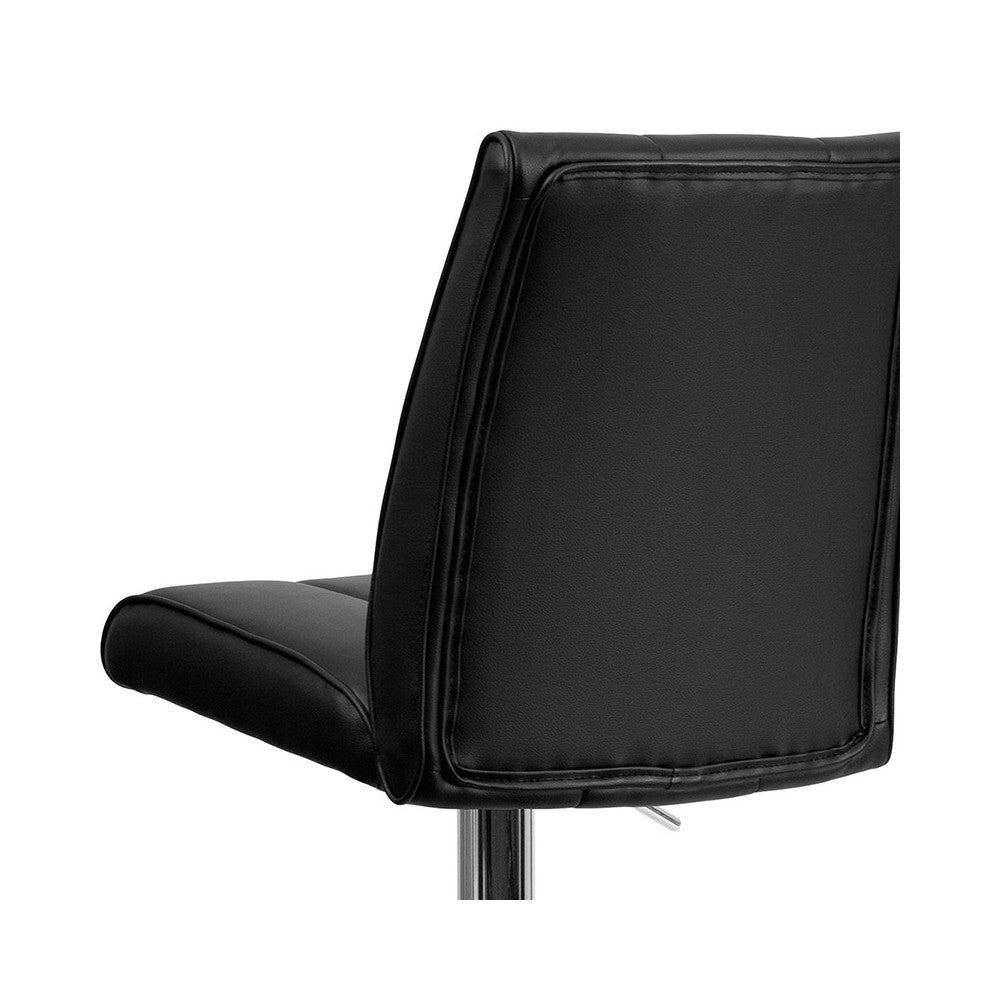 Contemporary Black Vinyl Adjustable Height Barstool with Vertical Stitch Panel Back and Chrome Base