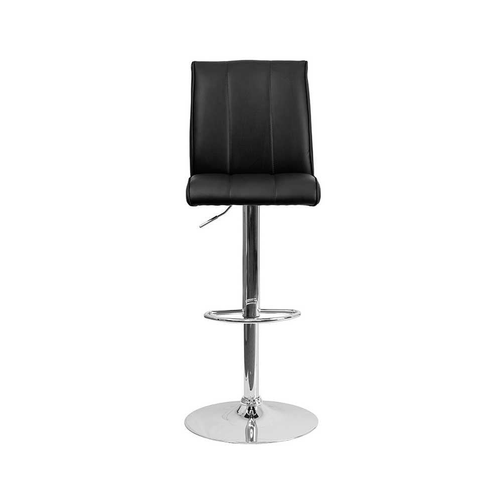 Contemporary Black Vinyl Adjustable Height Barstool with Vertical Stitch Panel Back and Chrome Base