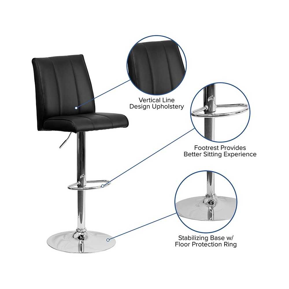 Contemporary Black Vinyl Adjustable Height Barstool with Vertical Stitch Panel Back and Chrome Base