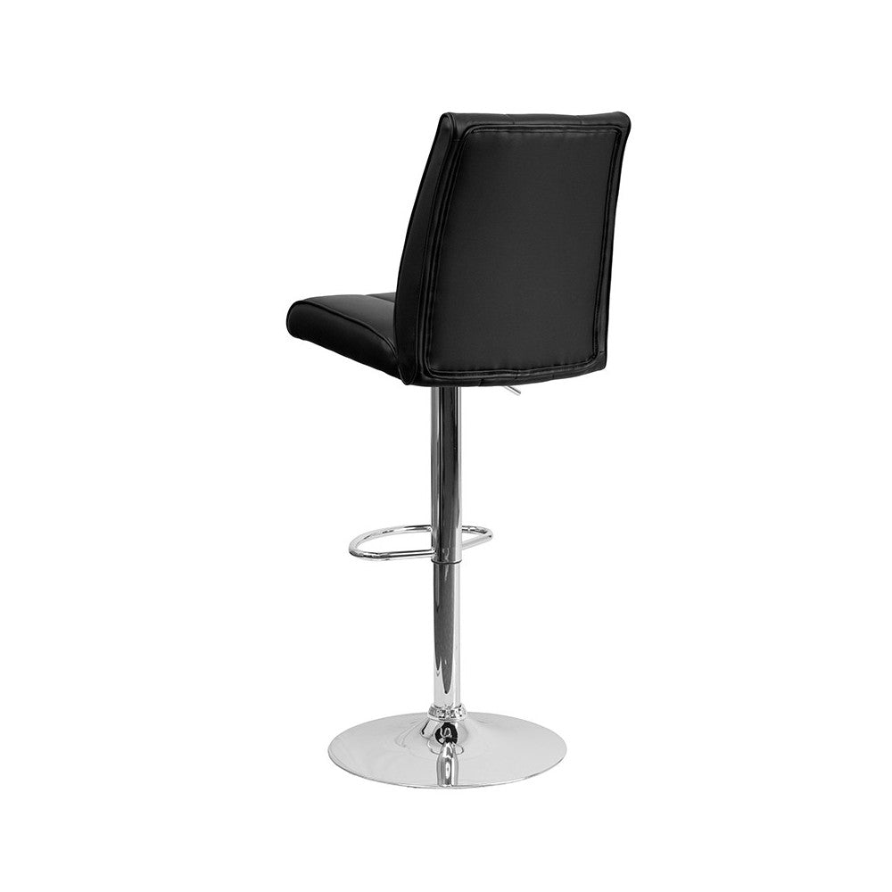 Contemporary Black Vinyl Adjustable Height Barstool with Vertical Stitch Panel Back and Chrome Base