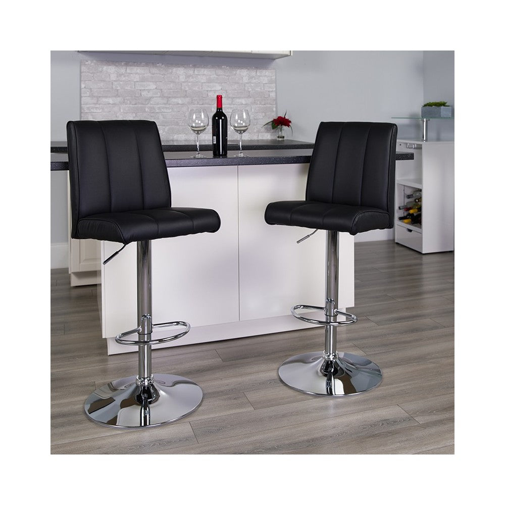 Contemporary Black Vinyl Adjustable Height Barstool with Vertical Stitch Panel Back and Chrome Base