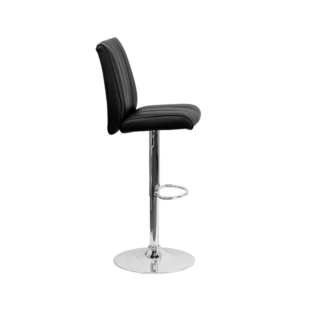 Contemporary Black Vinyl Adjustable Height Barstool with Vertical Stitch Panel Back and Chrome Base