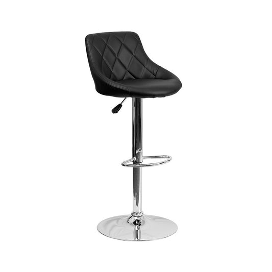 Contemporary Black Vinyl Bucket Seat Adjustable Height Barstool with Diamond Pattern Back and Chrome Base