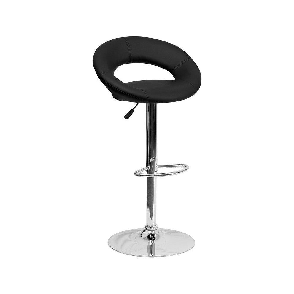 Contemporary Black Vinyl Rounded Orbit-Style Back Adjustable Height Barstool with Chrome Base