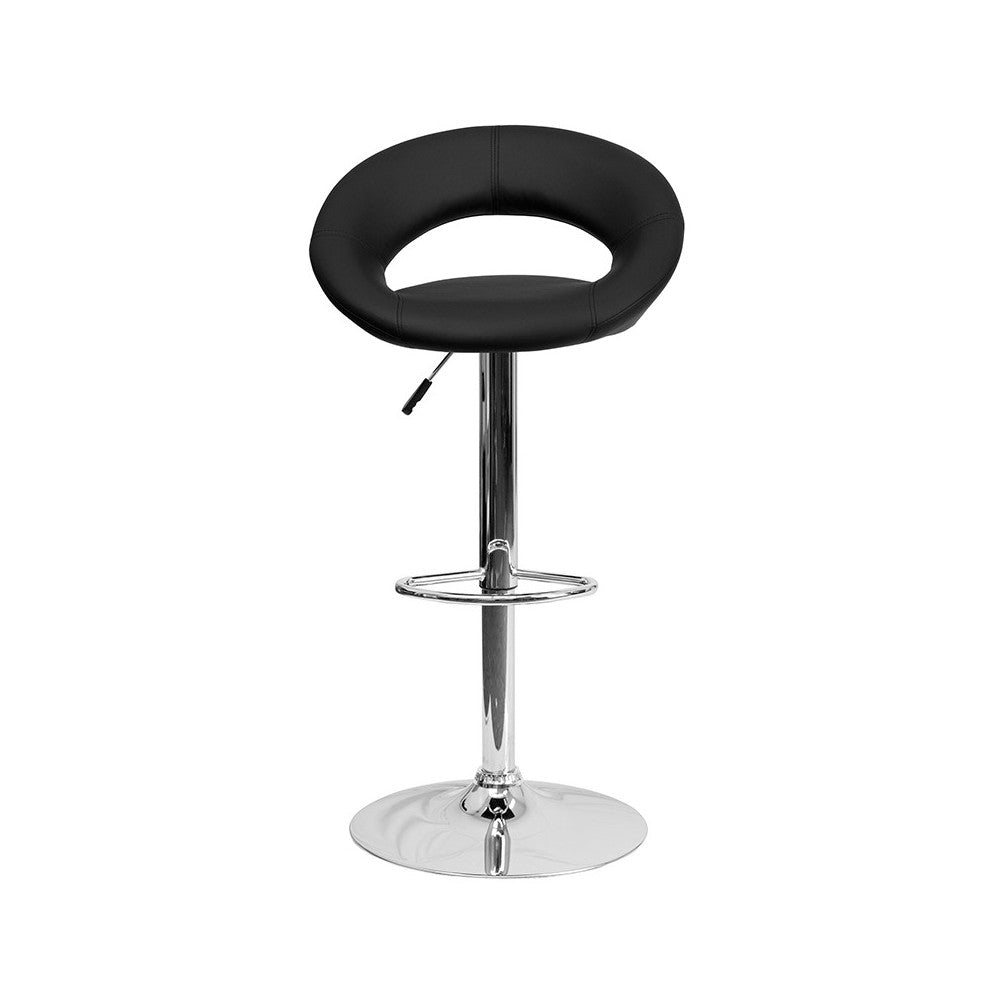 Contemporary Black Vinyl Rounded Orbit-Style Back Adjustable Height Barstool with Chrome Base