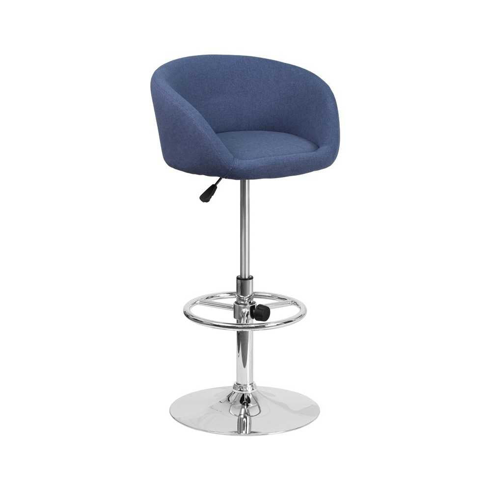 Contemporary Blue Fabric Adjustable Height Barstool with Barrel Back and Chrome Base